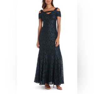 Nightway Green and black metallic lace evening gown, size 8.